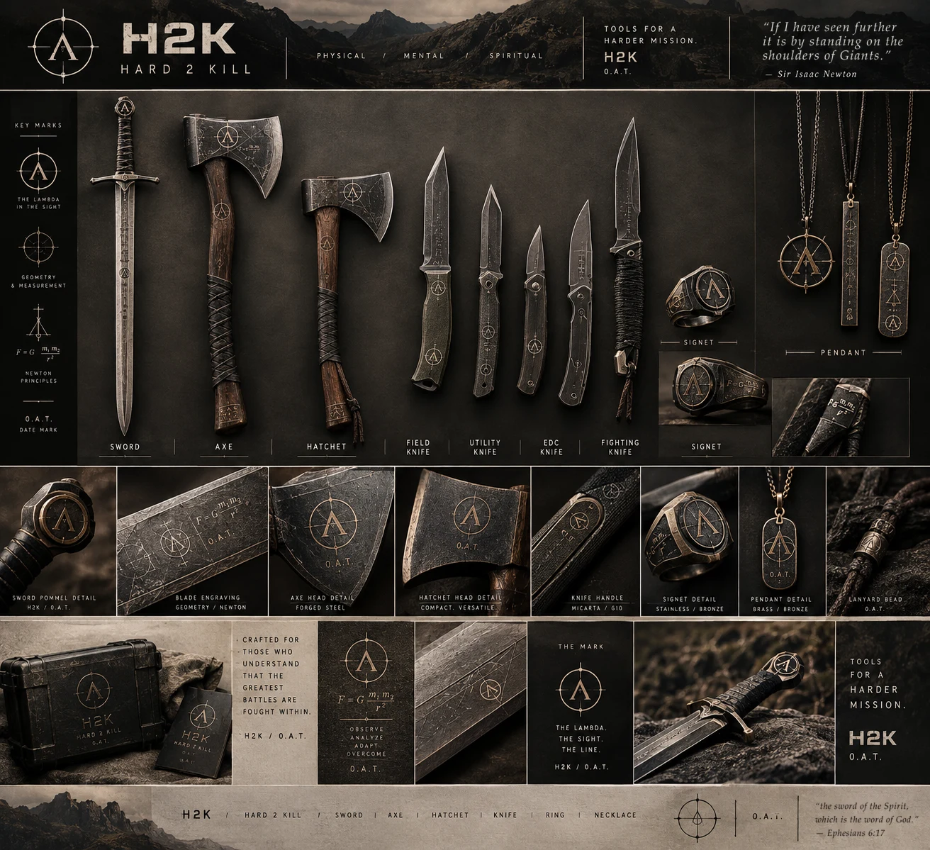 Tools for a Harder Mission marketing sheet — Hard 2 Kill · sword, axe, knives, ring, pendant
